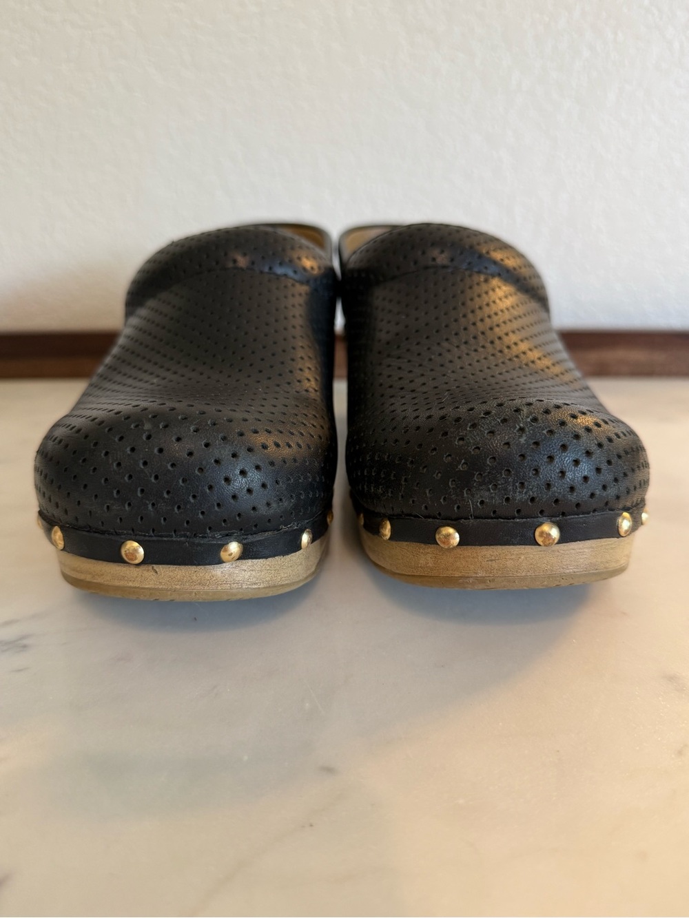 Dansko Black Perforated Leather Clogs with Gold Stud Accents - Picture 4 of 7